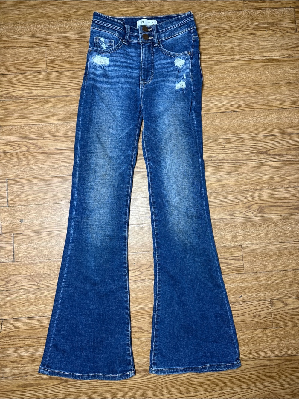 BKE Dark Blue Distressed Flare Jeans — Women
